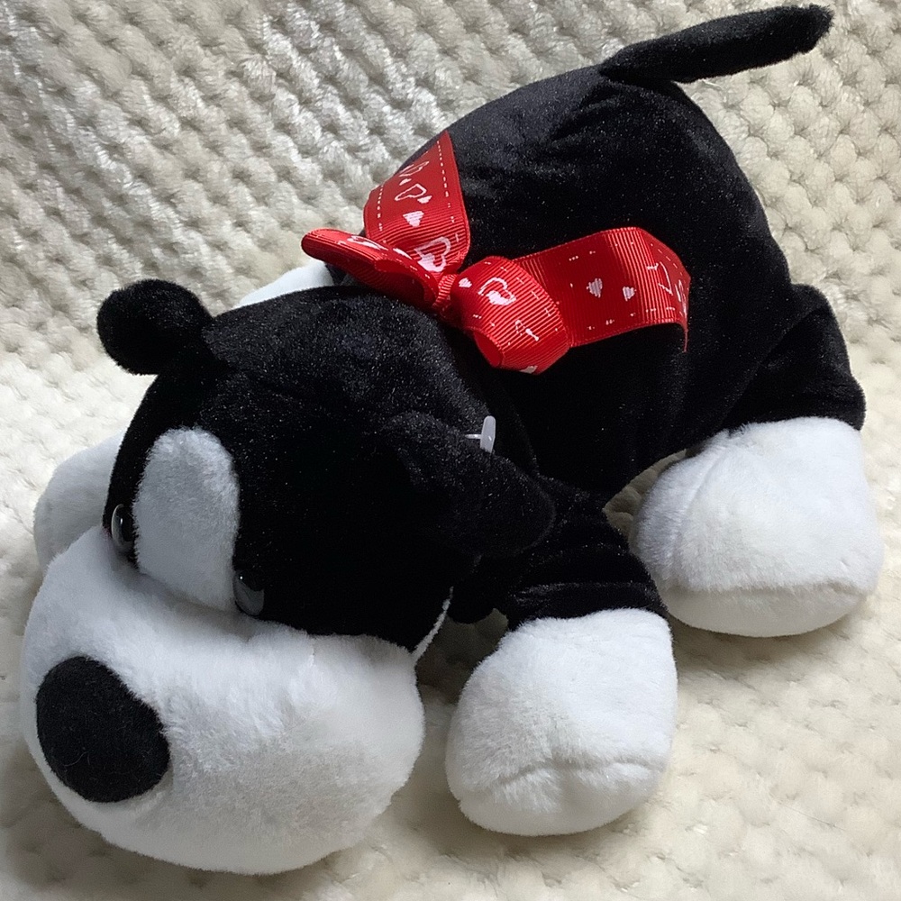 Loblaws Black and White Plush Puppy Dog with Red Heart Ribbon Stuffed Animal Toy